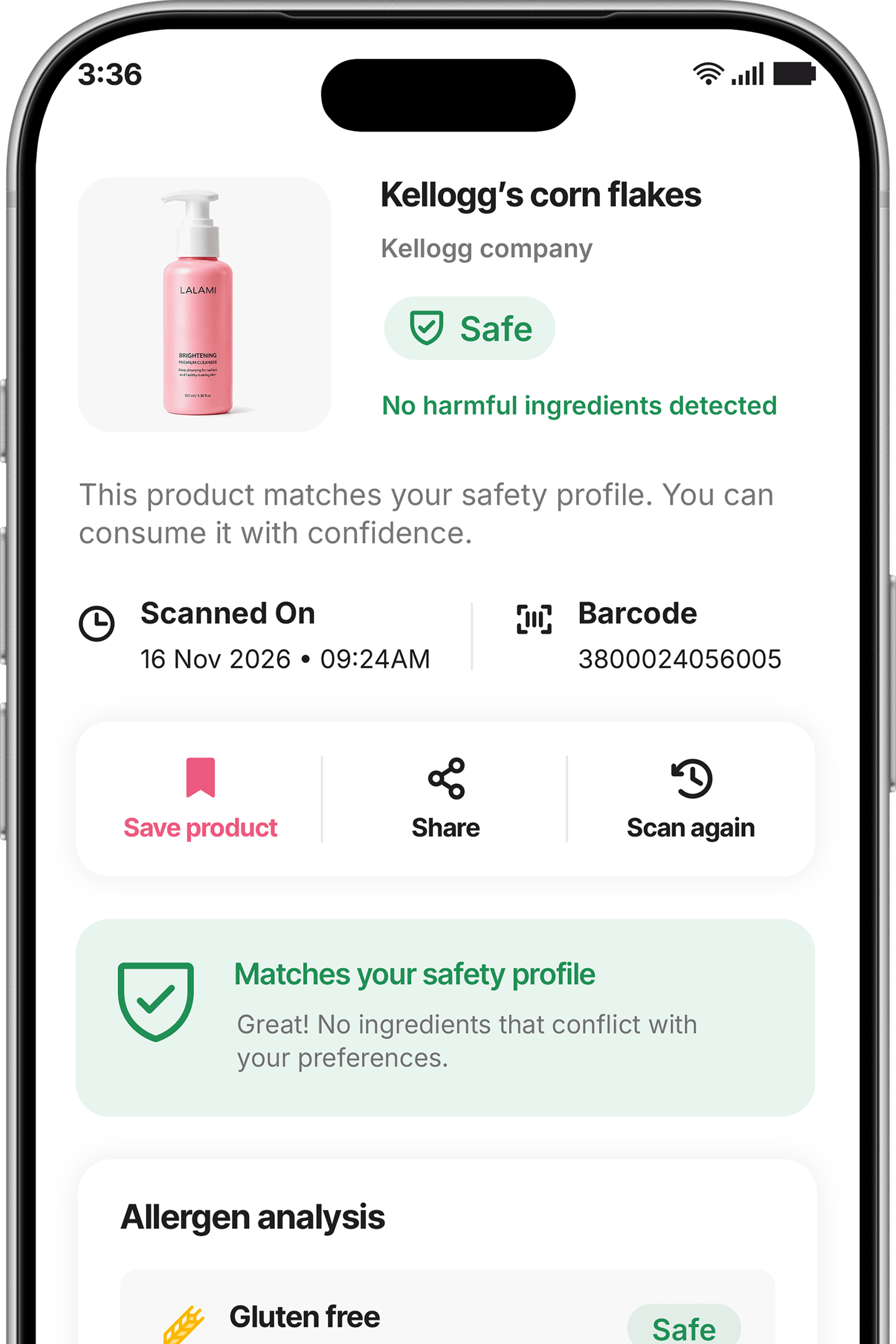 SafeIntake Beauty app scan result screen